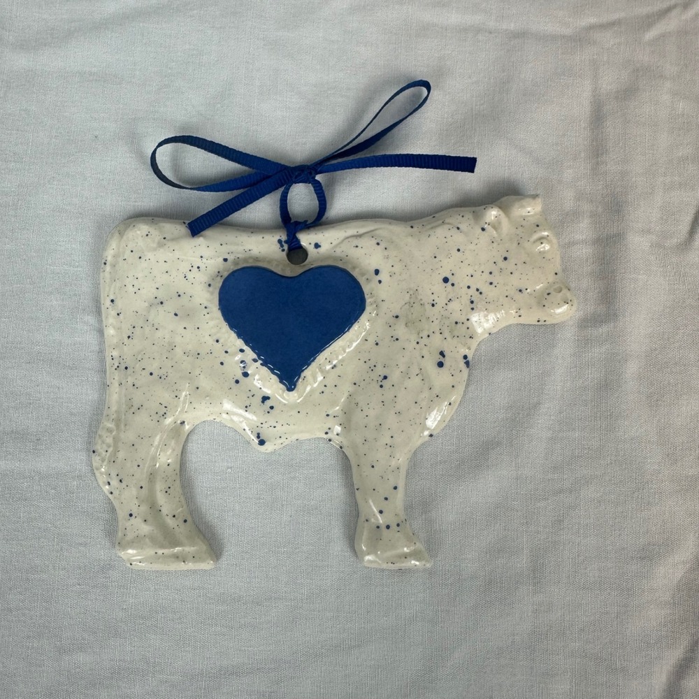 Purple Cow Pottery Cow Ornament 1986 Blue Heart Speckled Glazed Folk Art